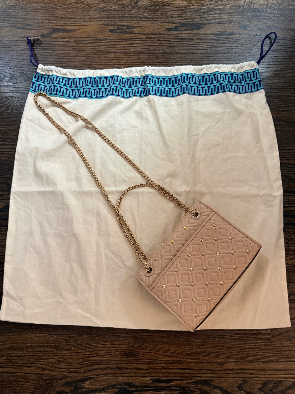 Tory Burch Quilted Studded Chain Crossbody Bag - Pale Pink with Gold Hardware - Picture 2 of 6